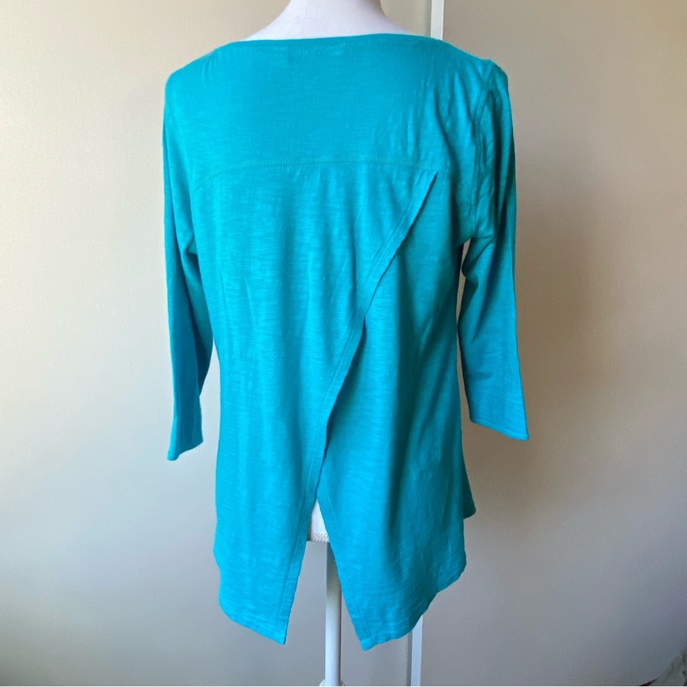 Woolrich Shirt Small Turquoise Split Open Back Yoga Hiking 100% Cotton Women’s